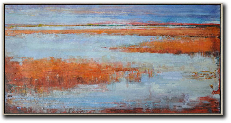 Original Abstract Painting Extra Large Canvas Art,Panoramic Abstract Landscape Painting,Xl Large Canvas Art Blue,Orange,Red